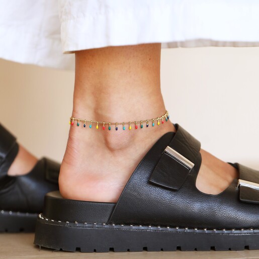 Multicoloured Enamel Droplet Chain Anklet in Gold on Model