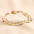 Rainbow Enamel Chain Layered Anklet in Gold on Beige Ribbed Fabric
