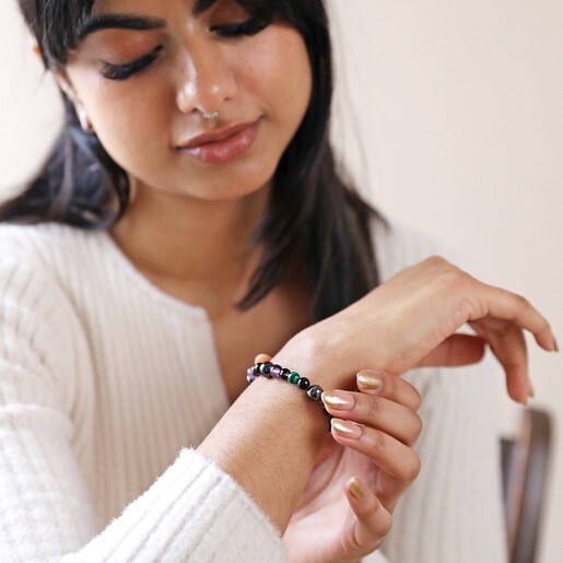 Be Fearless Semi-Precious Stone Beaded Bracelet in Green Worn by Model