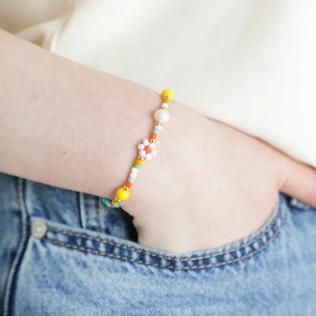 Colourful Flower and Pearl Beaded Bracelet
