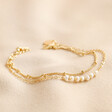 Freshwater Pearl Double Satellite Chain Bracelet in Gold on Beige Fabric