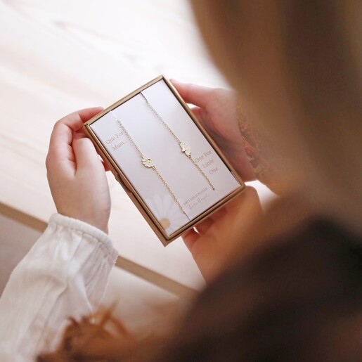 Model Holding Box Packaging containing Mother & Child Set of 2 Flower Bracelets in Gold