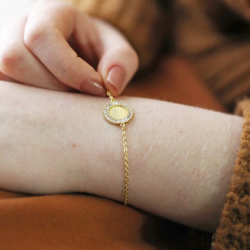 Personalised Initials Crystal Edge Disc Bracelet in Gold on Model