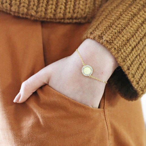 Personalised Initials Crystal Edge Disc Bracelet in Gold on Model with Hand in Pocket