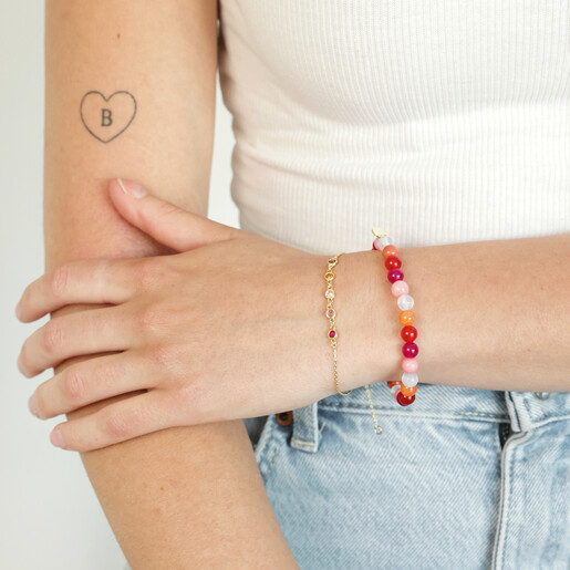 Pride Semi-Precious Beaded Bracelet in Pink on Model with Delicate Bracelet