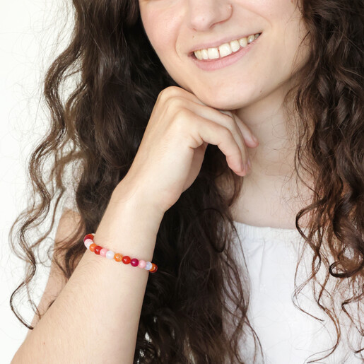 Pride Semi-Precious Beaded Bracelet in Pink on Model with Dark Hair