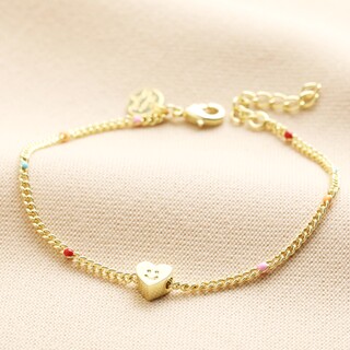 Smiling Heart Face and Enamel Ball Chain Bracelet in Gold