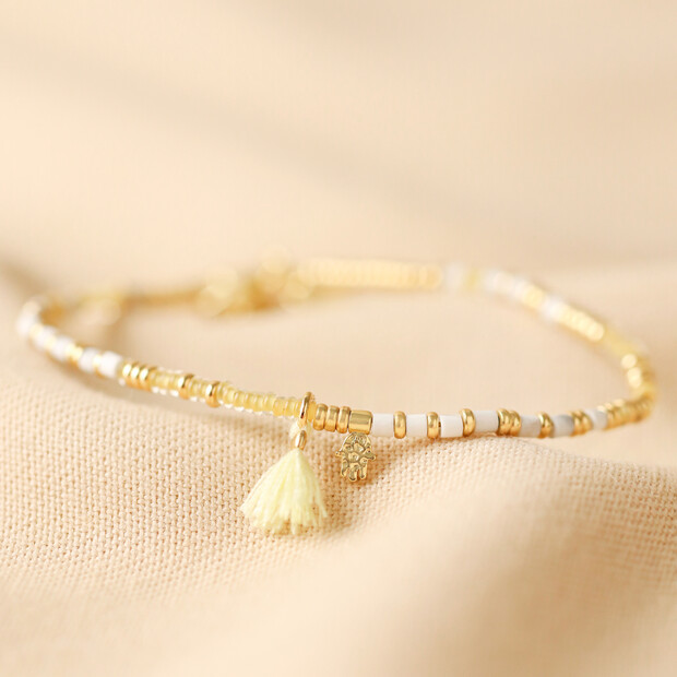 White Semi-Precious Stone Beaded Bracelet in Gold