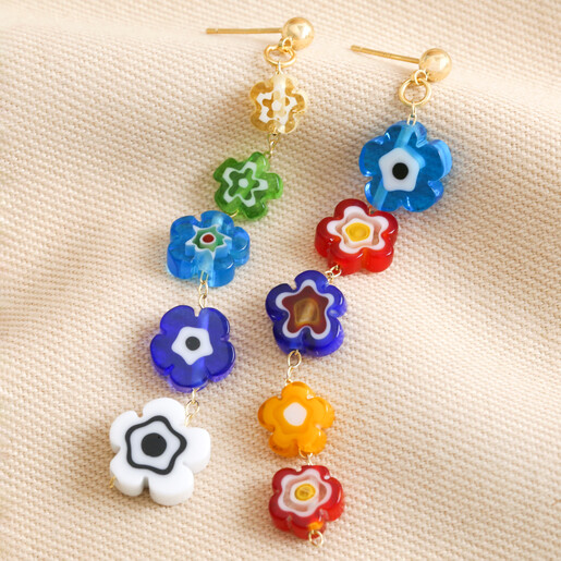 Asymmetrical Millefiori Flower Bead Drop Earrings Asymmetrical Millefiori Flower Bead Drop Earrings on neutral coloured background