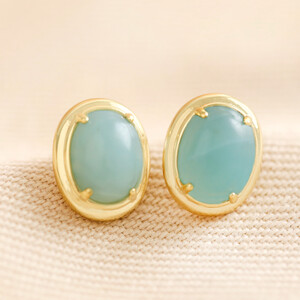 Blue Oval Semi-Precious Stone Stud Earrings in Gold	