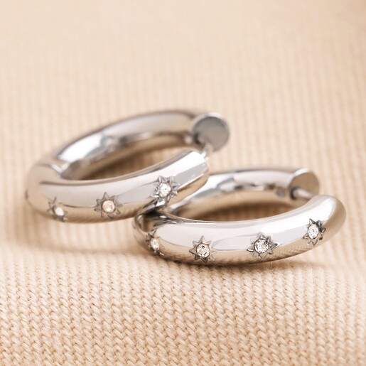 Chunky Crystal Hoop Earrings in Silver on Neutral Fabric