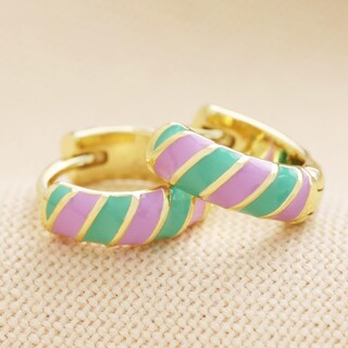 Small Enamel Striped Huggie Hoop Earrings in Purple and Green
