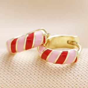 Small Enamel Striped Huggie Hoop Earrings in Red and Pink