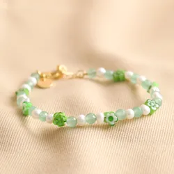 Green Millefiori Flower Beaded Bracelet in Gold