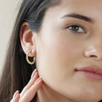 Green Stone Hoop Earrings in Gold on Model with Hand Behind Ear