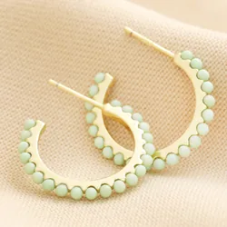 Green Stone Hoop Earrings in Gold