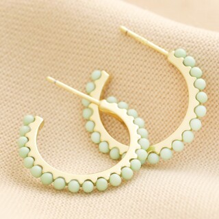 Green Stone Hoop Earrings in Gold