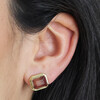 Close Up of Model Wearing Large Champagne Stone Stud Earrings in Gold