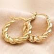 Large Twisted Rope Hoop Earrings in Gold on Neutral Fabric