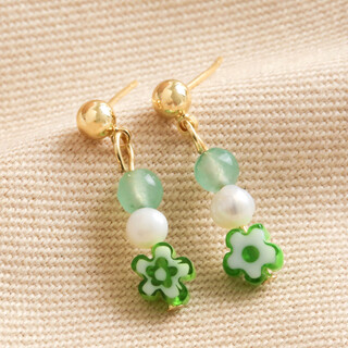 Green Millefiori Flower Drop Earrings in Gold