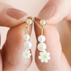 White Millefiori Flower Drop Earrings in Gold