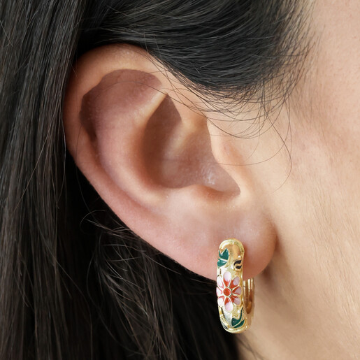 Earrings on Model Model Wearing Pink Cloisonné Hoop Earrings in Gold