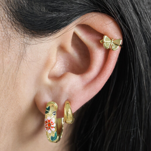 Earrings on Model Pink Cloisonné Hoop Earrings in Gold on Model with Curated Ear