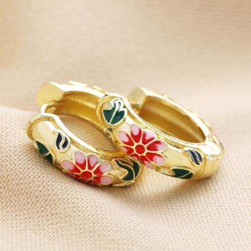 Pink Cloisonné Hoop Earrings in Gold  Pink Cloisonné Hoop Earrings in Gold on Neutral Coloured Fabric