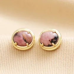 Pink Semi-Precious Stone Stud Earrings in Gold