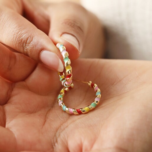 Model Holding Earrings Model Holding Rainbow Enamel Twist Hoop Earrings in Gold