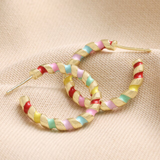 Rainbow Enamel Twist Hoop Earrings in Gold