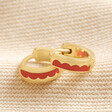 Red Enamel Scalloped Huggie Hoop Earrings in Gold on Beige Coloured Fabric