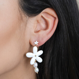 White Enamel and Pearl Daisy Drop Earrings in Gold