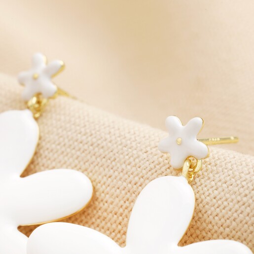 Close Up of Stud Fastening on White Enamel and Pearl Daisy Drop Earrings in Gold