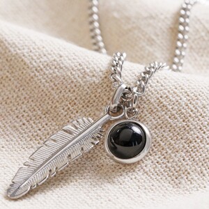 Men's feather & semi precious stone pendant necklace