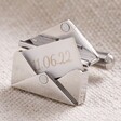 Open Personalised Silver Envelope Cufflinks with Paper Token on Fabric
