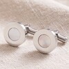 Mother of Pearl Round Cufflinks in Silver on Neutral Coloured Fabric