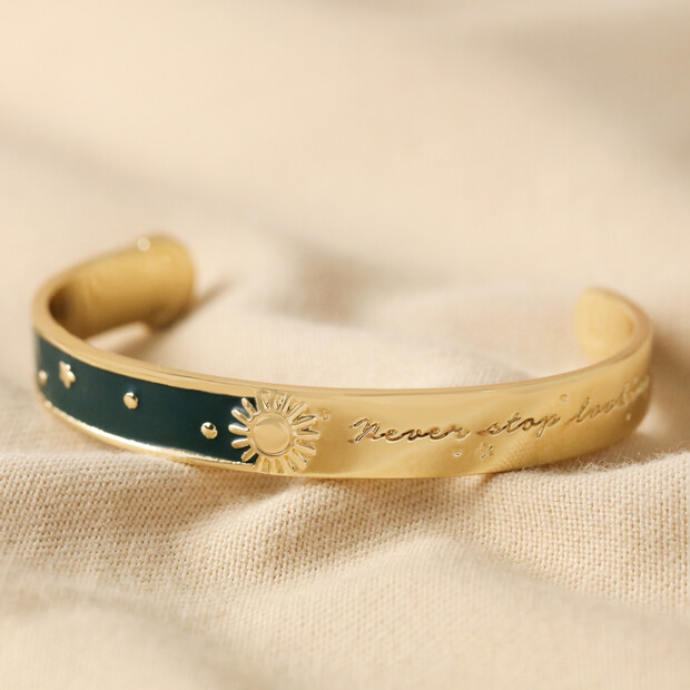 Navy Enamel Message Engraved Celestial Bangle in Gold Navy Enamel Message Engraved Celestial Bangle in Gold
