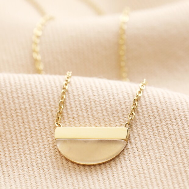 Gold Stainless Steel Pink Aventurine Half Circle Pendant Necklace Gold Stainless Steel Pink Aventurine Half Circle Pendant Necklace