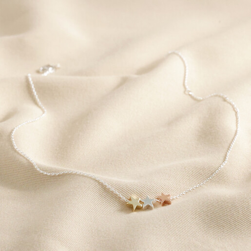 Mixed Metal Triple Star Bead Necklace Full Length on Neutral Background