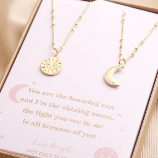 Mother & Child Set of 2 Sun and Moon Necklaces in Gold in Box Packaging