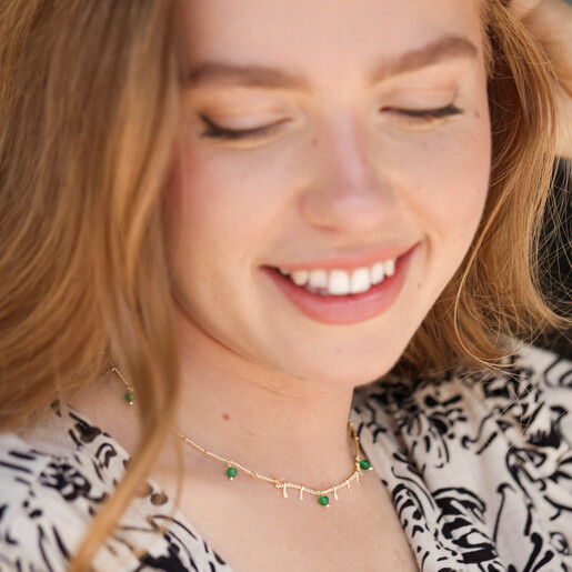 Semi-Precious Stone Green Beaded Droplet Necklace in Gold on Model