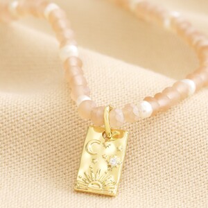 Talisman Moon Charm Pink and Pearl Beaded Necklace in Gold