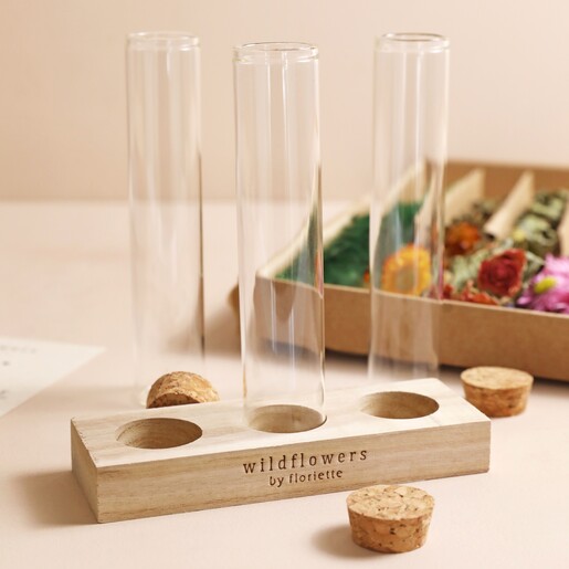 Empty vases in the wooden block from the Dried Wildflowers and Trio of Vases Gift Set