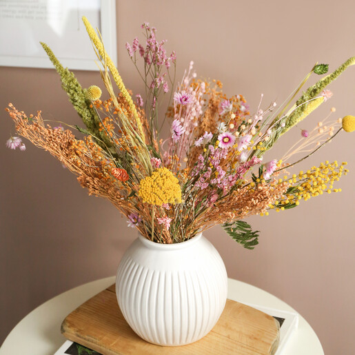 Spring Meadow Dried Flower Bouquet in Vase with Beige Background