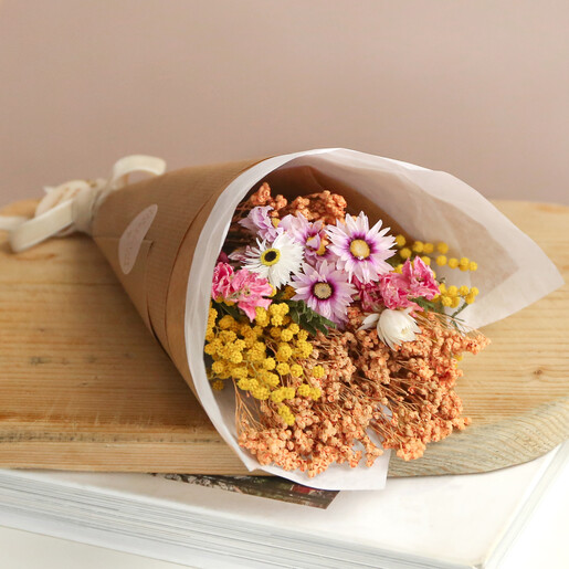 Spring Meadow Dried Flower Posy Wrapped in Kraft and Tissue Paper