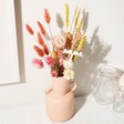Mum Yellow and Pink Small Dried Flower Bouquet Displayed in Pink Vase