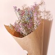 Close Up of Rainbow Dried Gypsophila Bunch Wrapped in Brown Paper