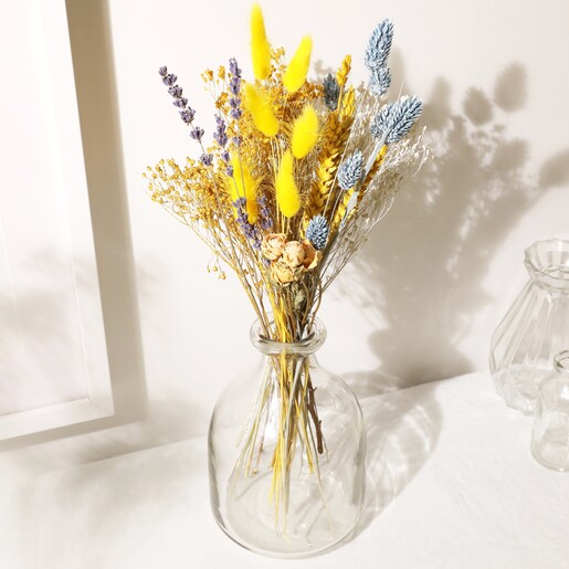Contents of the Yellow and Blue Dried Flowers Letterbox Gift in a Glass Vase