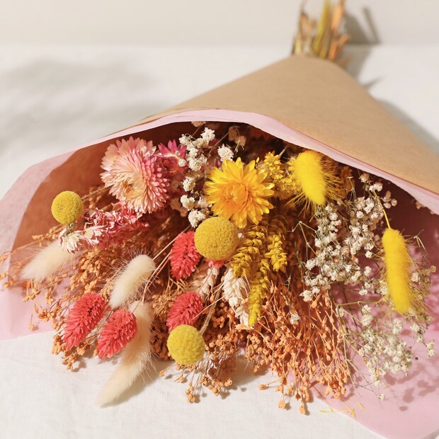 Yellow and Pink Dried Flower Bouquet | Lisa Angel